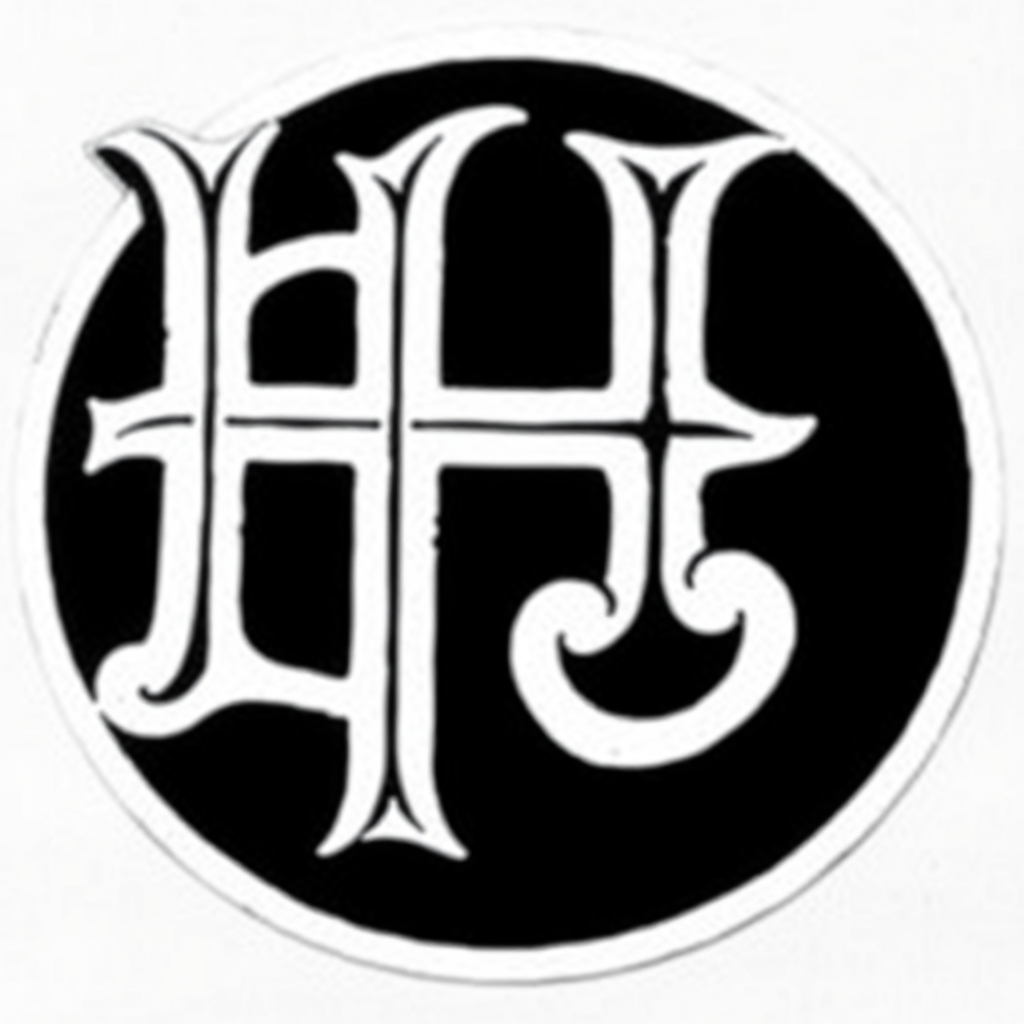 A logo of the letter H, monochromatic, illuminated like an old bible.