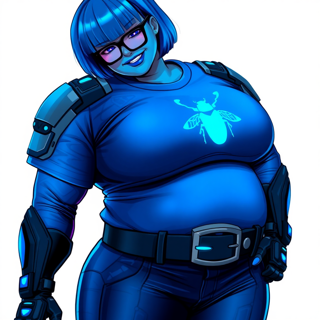 A 28-year-old, full-figured, metallic maximum blue (5PB 5/10) skinned computer program hybrid with a maximum blue bob cut. She has a non-athletic build, highlighted by a prominent, round, large midsection (with full emphasis on her round belly), which shows the effects of her love of junk food acquired from her boyfriend. As the full-figured, nerdy, digital sidekick to her cyberpunk vigilante boyfriend, her metallic maximum blue skin and maximum blue lipstick (5PB 5/12) emphasize her digital nature. Her skin has a subtle, animated glow, with digital patterns occasionally flickering across it, making her digital nature obvious. She wears a digital, computerized, superhero costume, consisting of a massive, tight-fitting, maximum blue t-shirt (5PB 5/12) made out of advanced nanotech with a neon blue chest icon of a beetle, high-tech shoulder pads with neon blue accents, a black high-tech belt with a digital neon blue glowing buckle, digital maximum blue biker pants (5PB 5/12) with neon blue accents, and black high-tech fingerless biker gloves with neon blue glowing accents. Her neon blue glowing eyes, black eyeglasses with neon blue glowing lenses equipped with a built-in HUD, and bashful smile with neon red blush accentuate her nerdiness. She stands bashfully with one hand behind her back and the other hand gently touching her cheek, her costume covering all her skin (especially her midsection) and fully emphasizing her full figure (especially her round belly). She is clearly non-athletic, with a focus on her full-figured physique. Despite her build, she radiates beauty. She has a slim face compared to her physique, accentuating her radiant beauty. She is on a solid white background. She is drawn as if she were in a retro 2D cyberpunk fighting game.