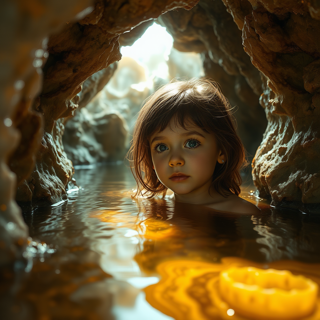 a young girl in a flooded cave, bjd, high quality photo, intricate environment, ultra-detailed, impressionistic, dynamic composition, artistic photograph, geode, alabaster, gold, fractal, intense colors, glittering, sunlight, illumination, transparency, mandelbulb