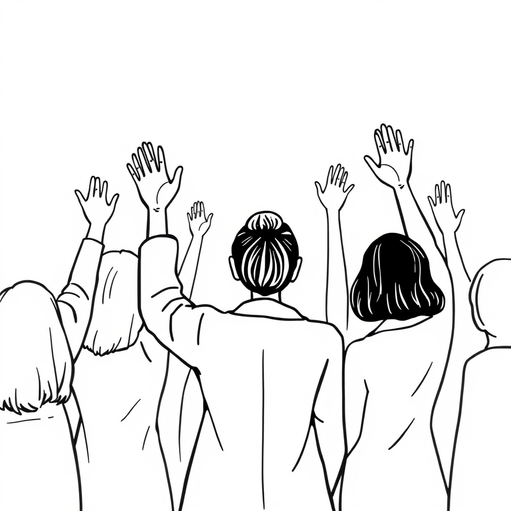 Create an image with 10 women in ages 40 to 70 years old raising one hand because they want the only spot that is available at the clinic to perform MRI, the woman doctor is stressed about deciding who will get the spot. The style is a minimalistic drawing with only black ink. The background should be transparent, not white.