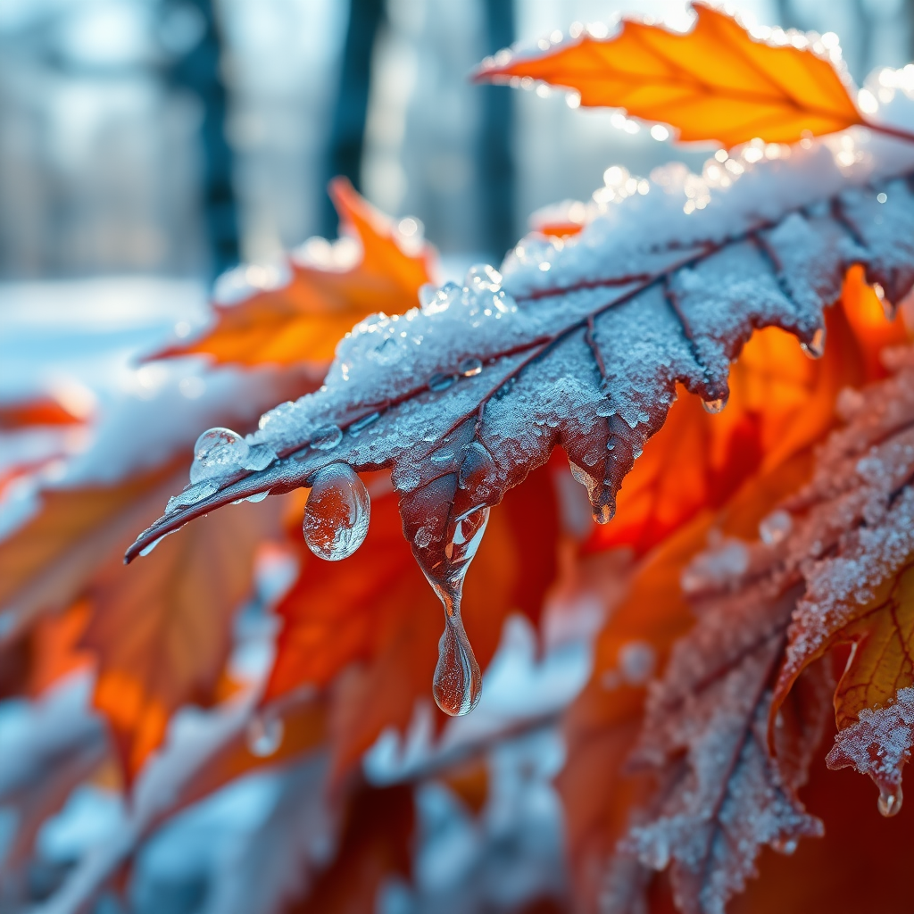 close-up of vibrant autumn leaves encased in glistening ice, delicate droplets hanging from the edges, set against a soft, snowy background with blurred tree trunks. the scene captures a tranquil winter landscape with a cool color palette of blues, whites, and warm amber tones of the leaves. the light softly reflects off the ice, creating a serene, hyperrealistic aesthetic that emphasizes the intricate details of the leaf veins and crystalline structures.