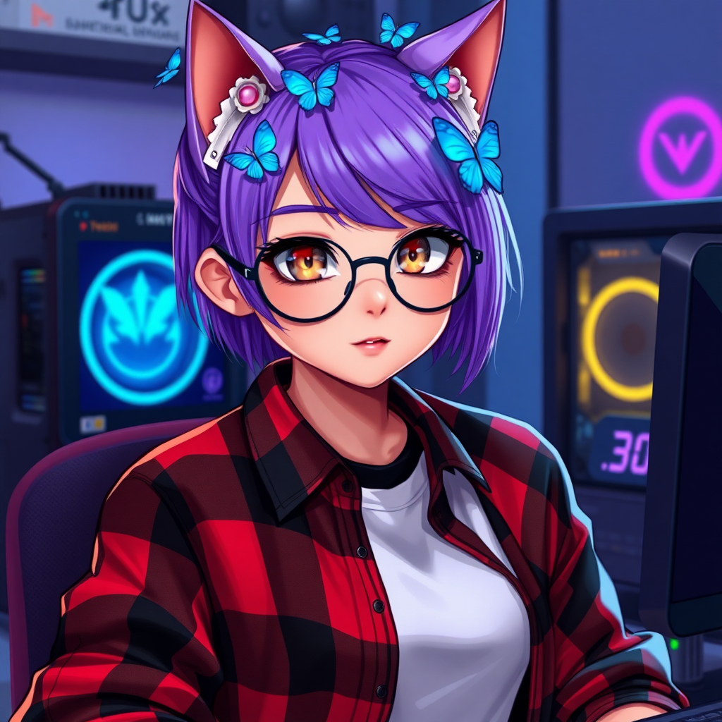 female cat-man without breasts/flat chest serious chestnut color with small blue butterflies on top of the head, with an UNDERCUT purple hairstyle, hazel eyes, wearing semi-round glasses, a red and black open plaid shirt with a white t-shirt, in front of a gaming PC, in digital art