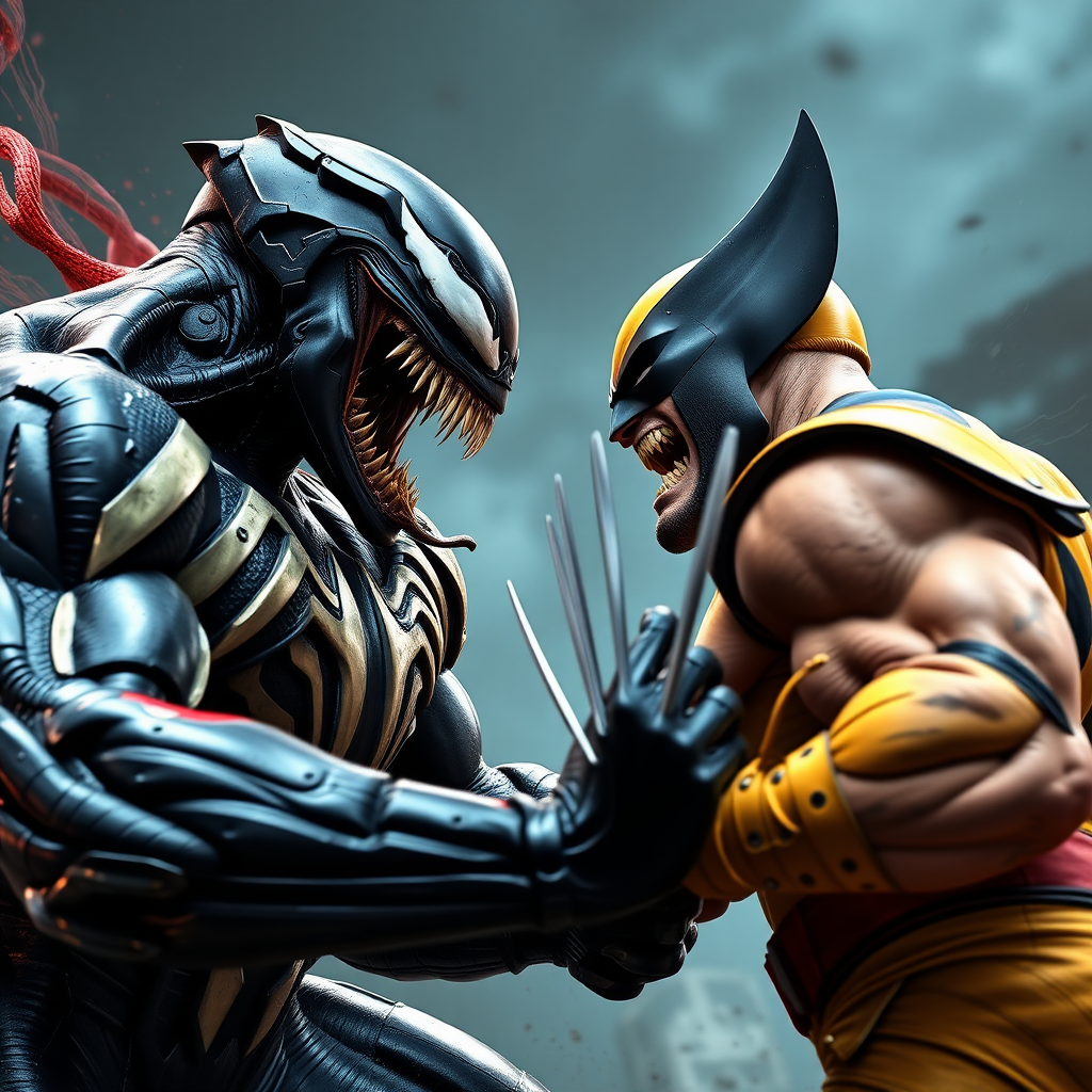 On a comic book cover is Venom Vs Wolverine in Cinematic Real3d photo-realistic quality.