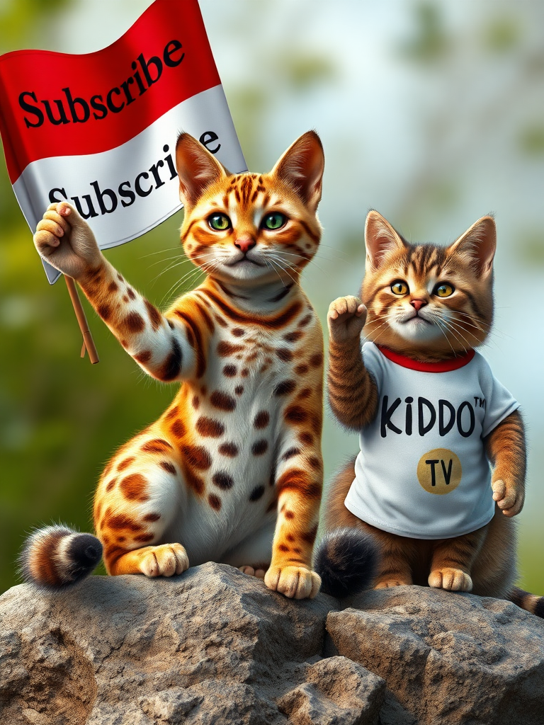 A realistic 4K image of a Rusty Spotted Cat sitting on a rock, waving its paw, and holding a large flag with the word 'Subscribe' written on it. Next to the cat, there is another cat wearing a white shirt with 'KIDDO TV' printed on it. The scene is detailed and vibrant, capturing the cat’s unique spotted fur and the playful, engaging elements of the image. The background should be natural but should not distract from the main subjects.