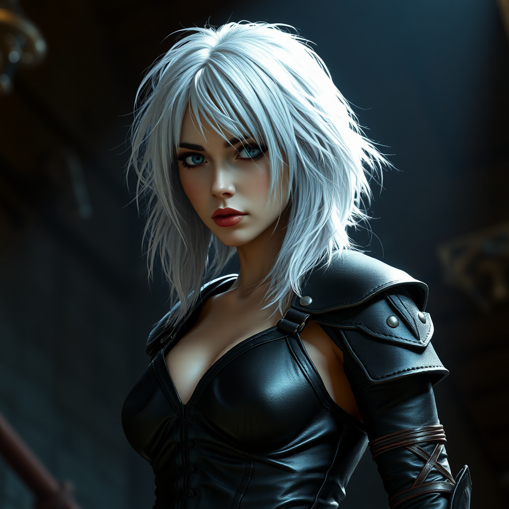 A female like (Ana de Armas). Messy shoulder-length white hair. Leather armor, high heel ankle boots. Ultima Underworld. Photorealistic digital matte painting, highly detailed, film grain, lens flare, chromatic aberration.