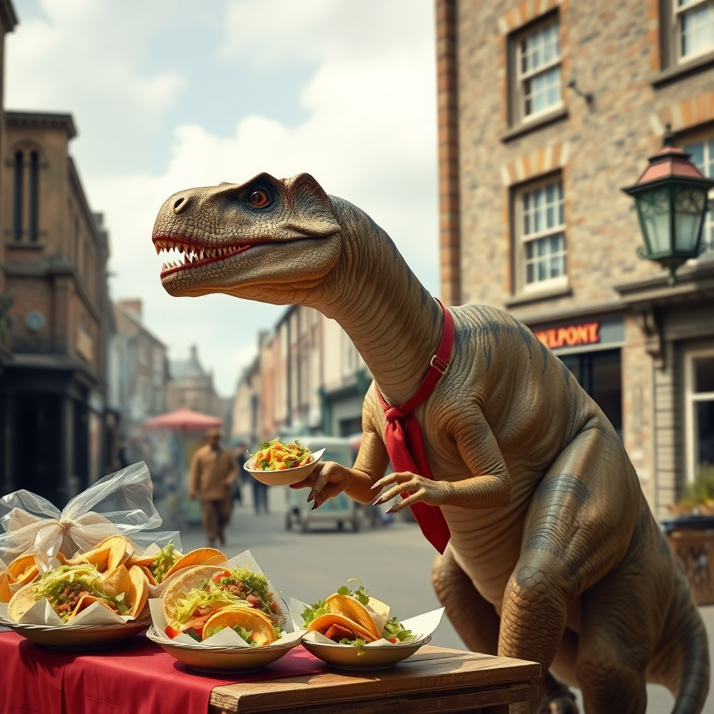 A dinosaur selling tacos in Victorian England