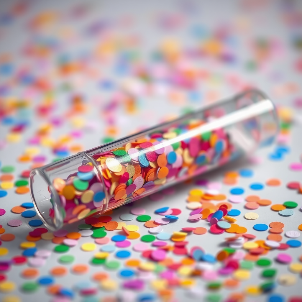 A photo of a glass fat transparent plain uniform confetti popper tube with colorful confetti inside, lying flat at an angle, with confetti around it, distant confetti blurred, reflections on the tube glass, tube closed from both ends.