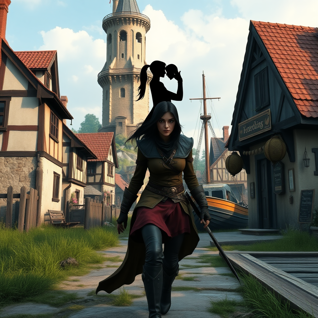 A wide distance shot of a female thief in a pastoral fantasy town. Mage tower in the background. She is fleeing from someone. Bar called "The Fetching Twins" sign (consisting of a silhouette of two women leaning together for a kiss). Village of Dryden, dock with a run down ship.