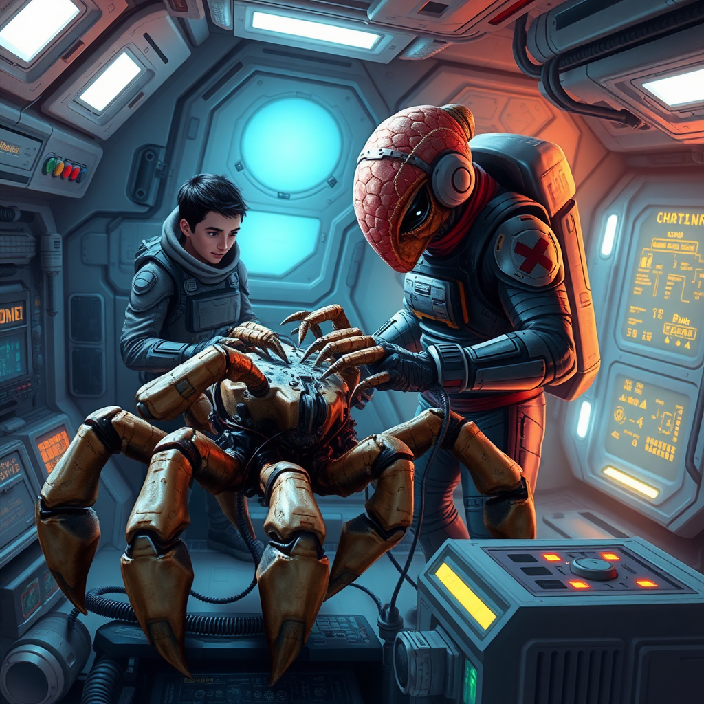 Depict Rocky, an alien from the planet Erid, aboard a high-tech spacecraft, working alongside Ryland Grace. Rocky is a five-legged creature with a crab-like appearance, covered in thick, chitinous armor. Rocky does not have eyes or a head but His limbs are arranged symmetrically around a central 5-sided body, and each limb ends in a claw-like appendage, which he uses to manipulate tools with precision. His rock-like body contrasts with the smooth, sleek surfaces of the human-designed spaceship. In the background, Ryland Grace, a human astronaut in a futuristic space suit, is observing Rocky as they collaborate on repairing or analyzing a piece of alien technology aboard the ship. The environment should feel claustrophobic yet futuristic, with glowing control panels, tools, and wires scattered around the scene. Rocky’s presence, though alien, conveys a sense of cooperation and intelligence, with both characters focused on their shared task.