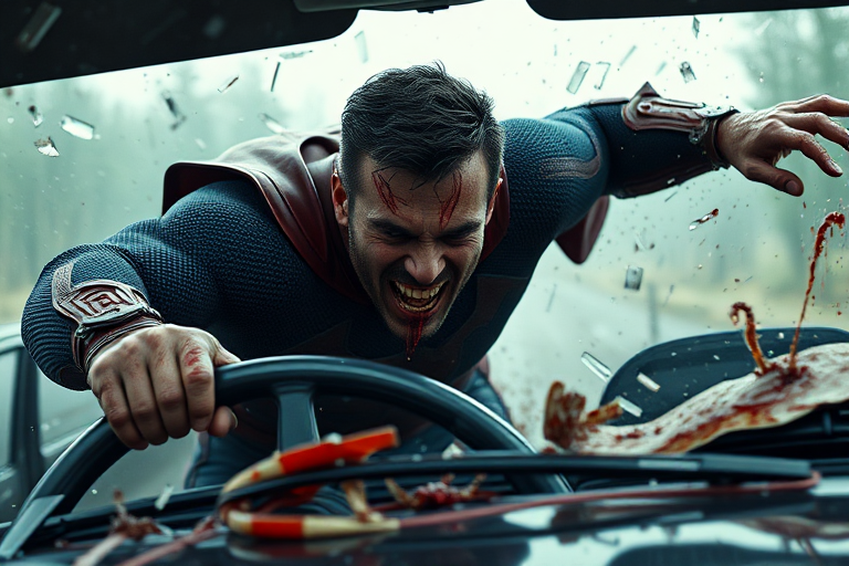 Realistic. Superhero in car crash, propelled forward with tortured face as impact sends superhero violently over steering wheel and out through windshield of car and out over hood of car. Much blood and glass flying. Mask being torn from his face by glass of windshield. Blood.