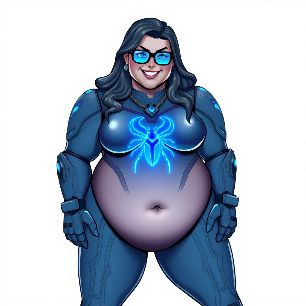 A 28-year-old full-figured computer science major, she is the devoted girlfriend of a vigilante and serves as his dotingly pampered, full-figured, nerdy digital sidekick. She has become a Computer Program hybrid, with a unique, metallic Middle Gray (N5) skin color that blends with her hair, appearing to merge together as computer data. Her neon blue eyes are mesmerizing. Her full figure, especially her prominent, round midsection, shows just how heavily fed and pampered she is, with sequoia-sized limbs and broad shoulders.

As a loyal and supportive sidekick, she plays a crucial role in their missions, using her digital prowess to assist and protect. She wears a blue sapphire scarab necklace and blue sapphire earrings, which she received as symbols of their love before his 5-year disappearance. Her digital Maximum Blue (RGB 71, 171, 204) bodysuit features a neon blue glowing beetle chest icon. She is equipped with high-tech features, including holographic displays and integrated hacking tools. She has matching high-tech gloves.

Heavily, attentively, and immensely pampered through being well-fed since their reunion, her full figure clearly shows the extent of care she has received. Despite her digital enhancements, she retains her human vulnerabilities, including hunger and sleep, and is not immune to human weaknesses. She has the ability to hack into computers and machines, and her nerdiness is blatantly obvious with her black oversized eyeglasses. Her full figure, especially her gargantuan midsection, is prominently displayed and heavily emphasized. Her outfit, influenced by DC’s Jennifer Knight Phantom Lady, remains distinct.

Despite her boyfriend’s limited resources, she assists in the war on crime by serving as a minicomputer, traveling in a high-tech wristwatch and supercar’s computer system. Using her hacking abilities, she relays crucial knowledge related to missions. She has a beaming smile on a solid white background. She is drawn as if she was in a retro 2D cyberpunk fighting game.