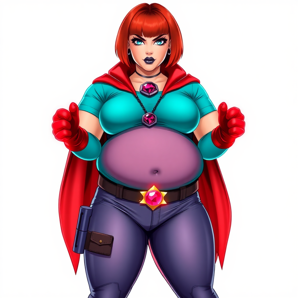 A 26-year-old, full-figured, magical girl vigilante detective becomes the heavily pampered mystical ally of her cyberpunk vigilante older brother figure. She has a bright red bob cut, black lipstick, and piercing bright blue eyes. She has a new non-athletic build, now highlighted by a prominent, round, gargantuan midsection (fully focused on her gargantuan belly), which shows the aftermath of her new pampered lifestyle. Despite her pampered physique, she shows full confidence. She wears a magical girl detective costume consisting of a gargantuan, magical, tight-fitting, maximum turquoise t-shirt (accentuating and emphasizing her gargantuan belly), maximum turquoise biker pants, complemented by a glowing neon red cape, a mystical ruby amulet (which is the source of her mystical powers), and magical red gloves glowing neon red. Her magical girl detective costume covers all her skin and emphasizes her full-figured physique (especially her gargantuan belly). Her stance is firm and resolute, arms crossed, exuding a no-nonsense attitude. Her costume reflects the influence of DC New 52 Prime Earth’s Phantom Lady, Jennifer Knight, while her pose embodies the moral ambiguity and determination reminiscent of DC’s Pax Americana’s The Question. She is on a solid white background. She is drawn as if she was in a retro 2D cyberpunk fighting game. She is clearly non-athletic, with a focus on her full-figured physique (especially her gargantuan belly). Make sure that her t-shirt covers all of her bare skin (especially her gargantuan belly).