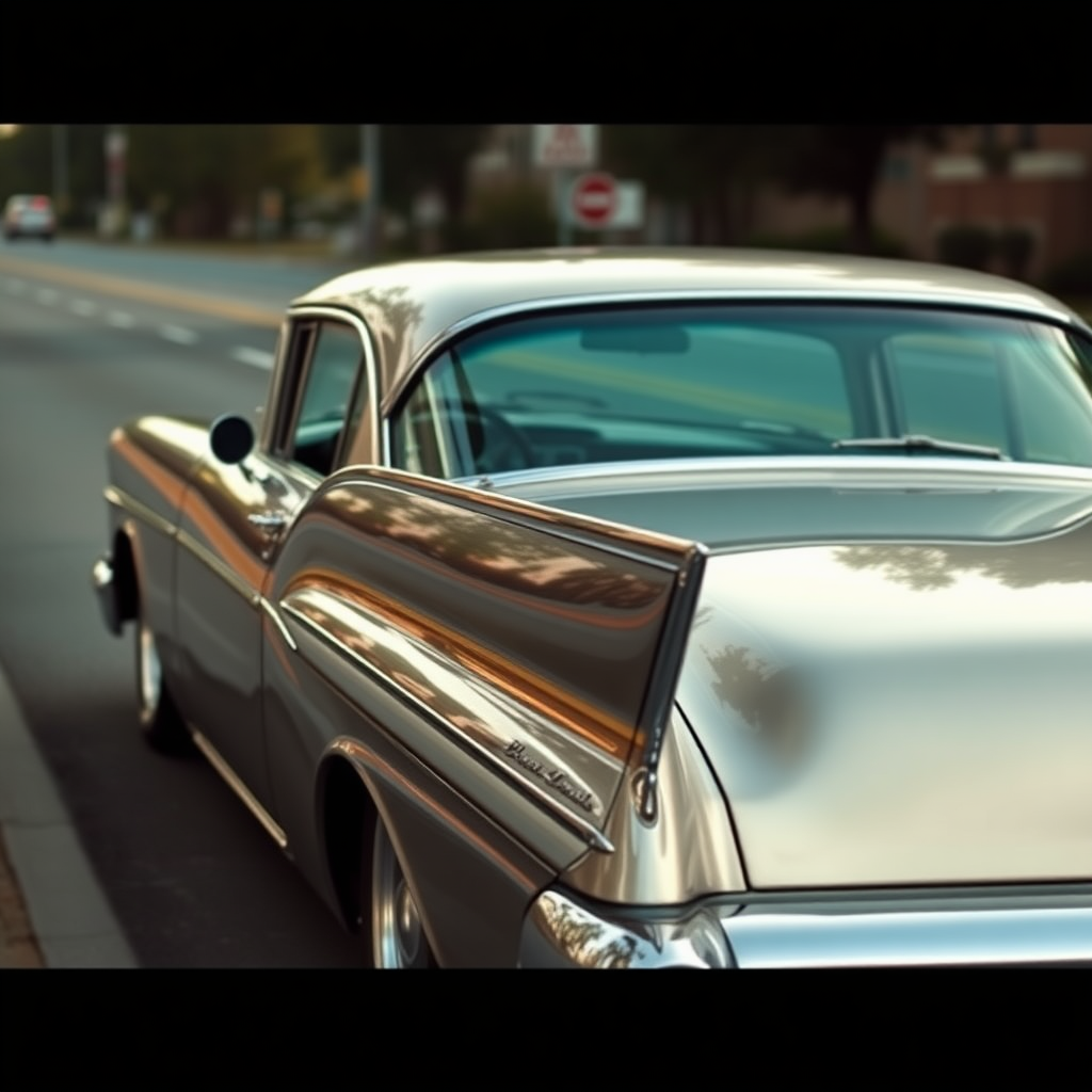 metallic shine classic car is parked on the side of the road, inspired by Taiyō Matsumoto, tumblr, restomod, nd4, c4 metallic shine classic american low rider muscle car