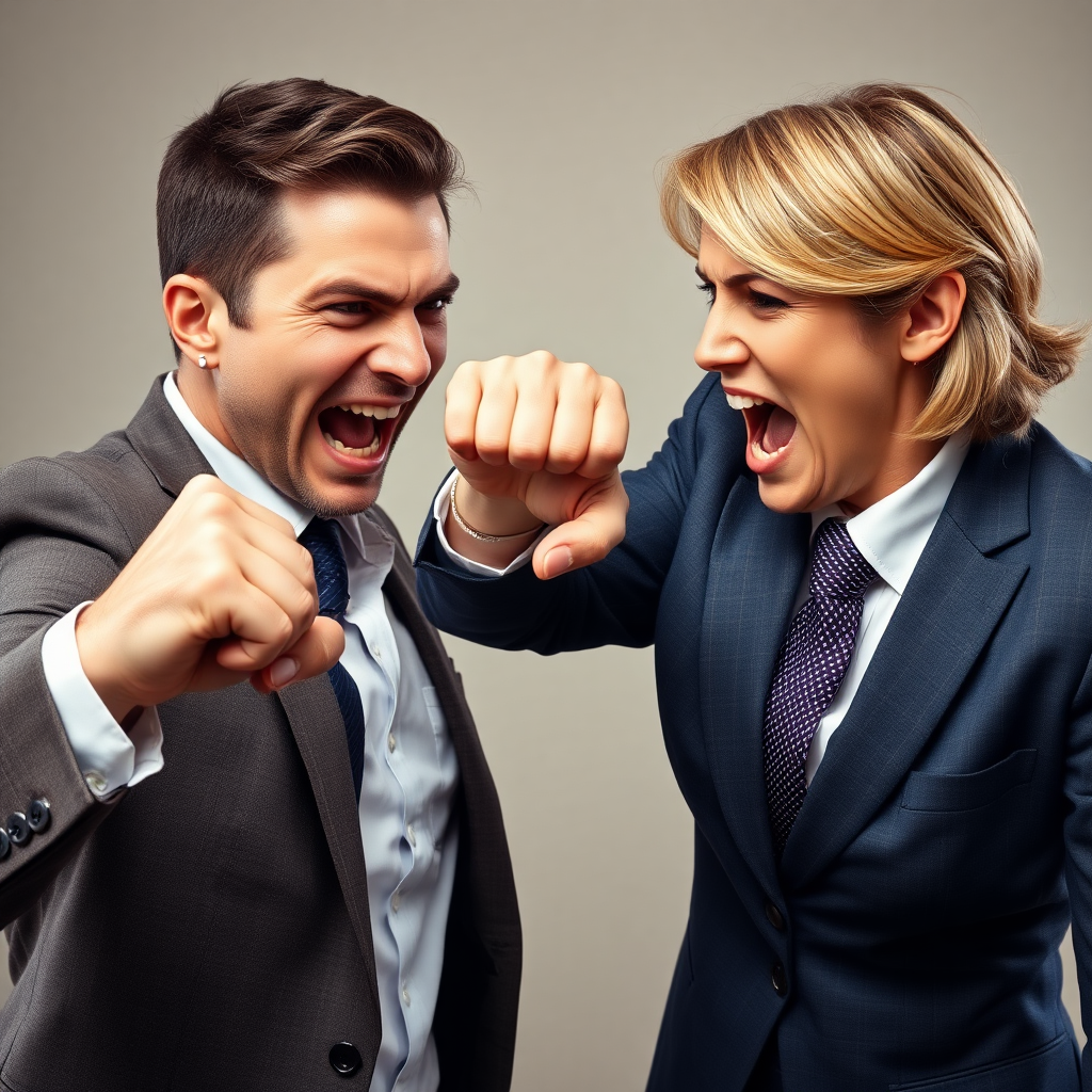 mature attractive business woman punching a man in the face, the fist is hitting his angry face and making strong impact, he looks visually disturbed, her fist is physically touching his face as she is knocking his teeth out