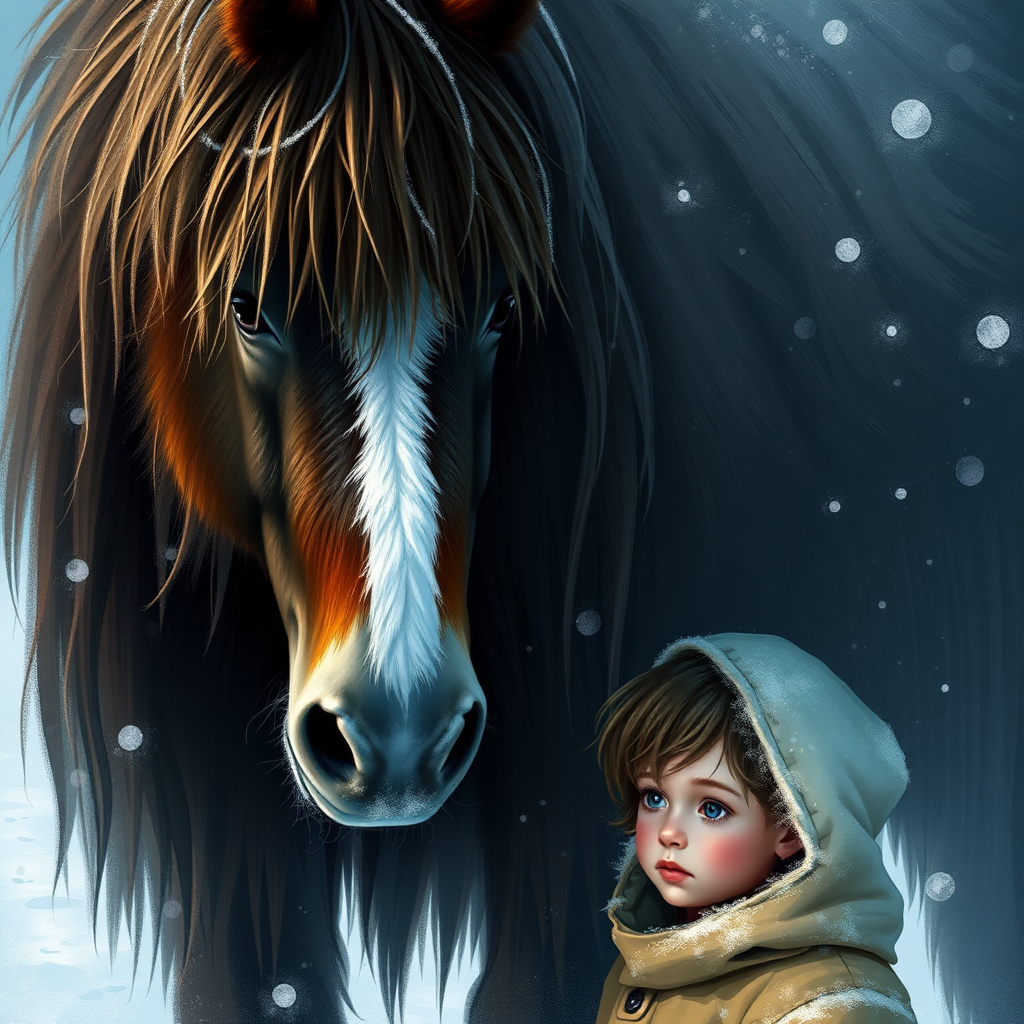 A digital painting depicts an intimate scene between a young child and a horse in a snowy, wintry landscape. The image is dominated by two main subjects: a large horse with a shaggy dark brown coat and a frosted mane on the left side, and a small child on the right side. The horse's face is turned slightly towards the viewer, revealing its gentle expression as it looks downward. Its fur is thick and textured, with frost-covered strands creating intricate patterns.