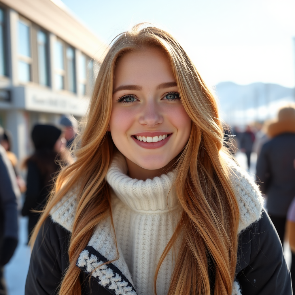 beautiful young woman with lush ginger cherry blonde long hair, full lips, on Alaska Anchorage happy in sunny snow