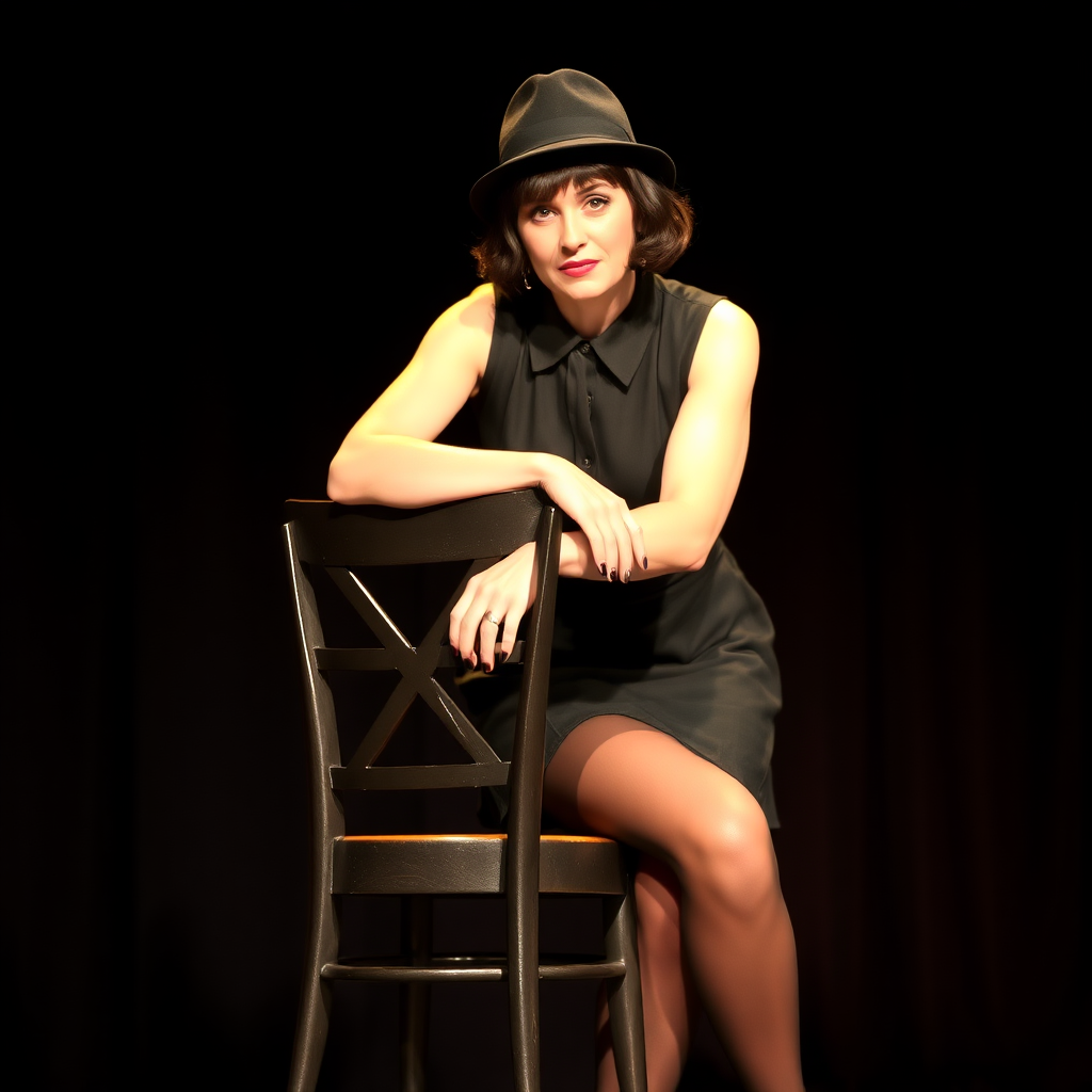 a sally bowles type character on stage in a cabaret type stage show - wearing a bowler hat and stockings - leaning on a simple open backed dark wooden chair