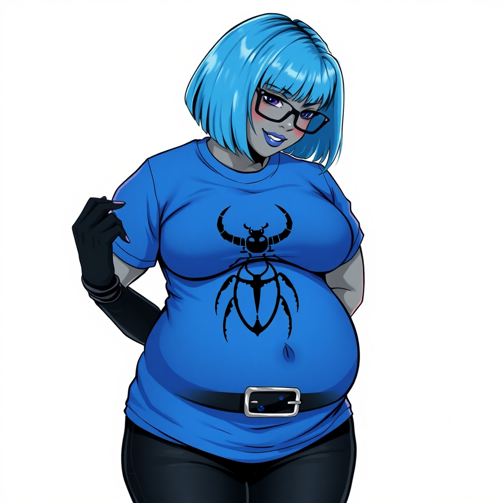 A 28-year-old, full-figured, metallic middle gray skinned computer program hybrid with a short maximum blue bob cut. She has a non-athletic build, highlighted by a prominent, round midsection (with a focus on her round belly). As a digital sidekick to her cyberpunk vigilante boyfriend, her middle gray metallic skin and maximum blue lipstick emphasize her digital nature. She wears a large, tight-fitting, maximum blue t-shirt (accentuating her belly) with a black chest icon of a beetle on its chest, black pants, a black belt with a sapphire scarab buckle, and black gloves. Her bright blue eyes, black eyeglasses, and shy smile with neon red blush accentuate her nerdiness. She bashfully bows her head with her hands behind her back, her t-shirt covering her midsection (especially her belly) and emphasizing her full-figured, non-athletic physique. She is on a solid white background. She is drawn as if she was in a retro 2D cyberpunk fighting game. She is clearly non-athletic, with a focus on her full figure. Make sure her t-shirt covers her midsection (especially her belly).