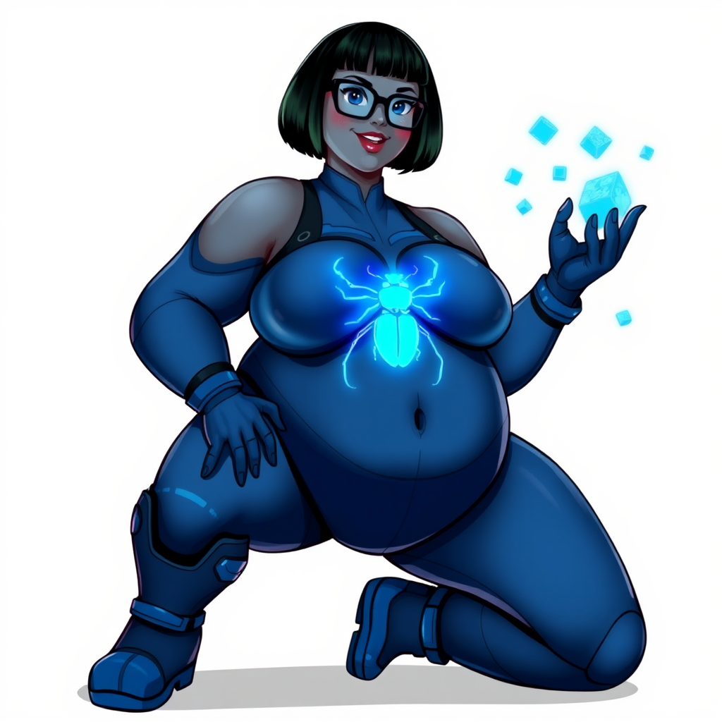 A heavily, extremely, and intensely pampered nerdy full-figured middle gray metallic skinned digital sidekick, a 28-year-old computer major, has been transformed by her doting vigilante boyfriend. Her distinct, metallic, middle gray skin and bob cut seamlessly blend together simulating computer data, and her neon blue eyes glow with intelligence. Her physique, now showcasing a gargantuan round midsection, massive limbs, and broad shoulders, contrasted by a slim face, clearly reflects her indulgence and pampering. Her full figure is prominently highlighted, with her prominent, gargantuan, round midsection and massive limbs emphasizing her pampered sidekick status. As the loyal and supportive sidekick, she plays a crucial role in their missions, using her digital prowess to assist and protect.

She wears a digital maximum blue bodysuit, featuring a neon blue glowing beetle chest icon, digital maximum blue boots, and matching high-tech gloves. She bashfully giggles with a neon red blush, emitting neon blue data cubes from her body. Her full figure, heavily emphasized and fully shown, clearly shows how pampered she is. Her nerdiness is accentuated by her black oversized eyeglasses.

Her outfit, influenced by DC’s Jennifer Knight Phantom Lady, remains distinct. Adding to her pampering, she serves as his minicomputer, traveling in his high-tech wristwatch and supercar’s computer system. Using her ability to hack into computers and machines, she relays crucial knowledge relating to his missions.

Her prominent, gargantuan, rounded midsection and massive limbs are on full displayed, emphasizing her indulgence and pampering while maintaining her nerdy physique. She is on a solid white background. She is drawn as if she was in a retro 2D cyberpunk fighting game. Ensure her midsection is round.