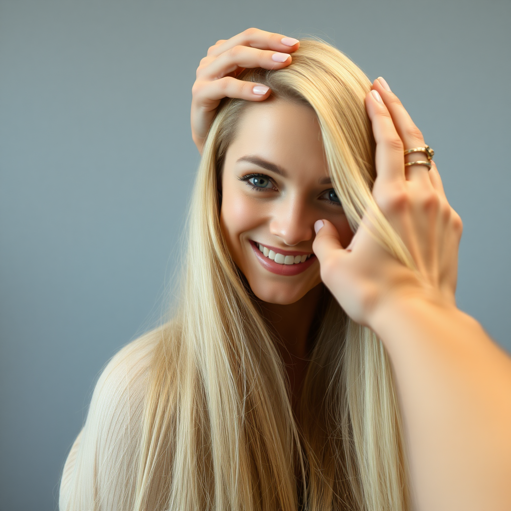 POV, beautiful very long haired blonde woman sitting in a hair salon smiling at the camera while I reach out from behind the camera to massage her scalp. My fingers are digging into her hair rubbing her scalp while her hair is covering my hands. Plain gray background.