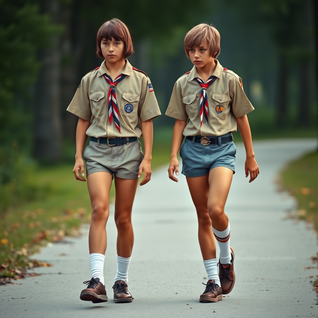 two tall 14yo teen boys, bob cut, wearing American boy scout uniform with uniform matching very tight booty shorts, tube socks, shoes, long legs, narrow thighs. walking. full-length view. 1980s. photorealistic, ultra high resolution, 16K, Negative: grainy, blurry, bad anatomy, extra limbs, watermark.