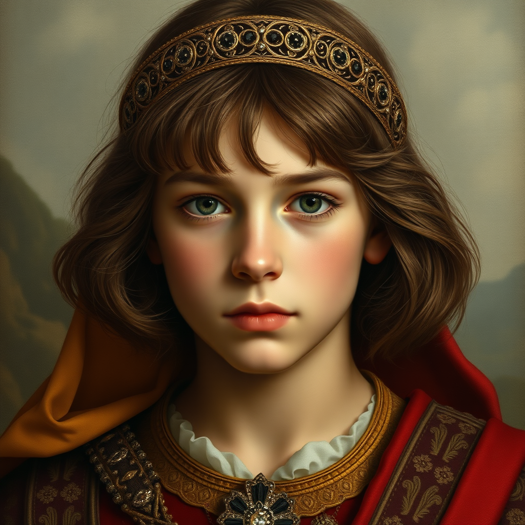 16yo teen boy prince, long bob cut, embroidered with gold and diamonds medieval cloths, diamond diadem,natural Skin Texture, and Beautiful War. Free style  by 20% Adolphe William Bouguereau, Academic realism and 20% Sandro Botticelli, early Renaissance and 60% Otto Lomüller, Boy Scout photorealism. The background is in the style of landscape style by Antonio del Polaiolo,Generating the signature at the bottom : Viva FLUX and Bach, ultra high resolution, 16K,