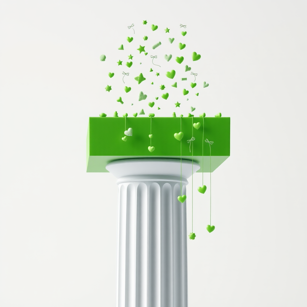 A minimalistic Greek column with a traditional fluted base. On top of the column is a vibrant, green rectangular volume acting as the capital. From this rectangular volume, numerous cute and quirky green objects, such as tiny hearts, stars, and abstract shapes, are hanging down. The overall design is clean and minimal, with a blend of surrealism, cuteness, and weirdness in its composition.