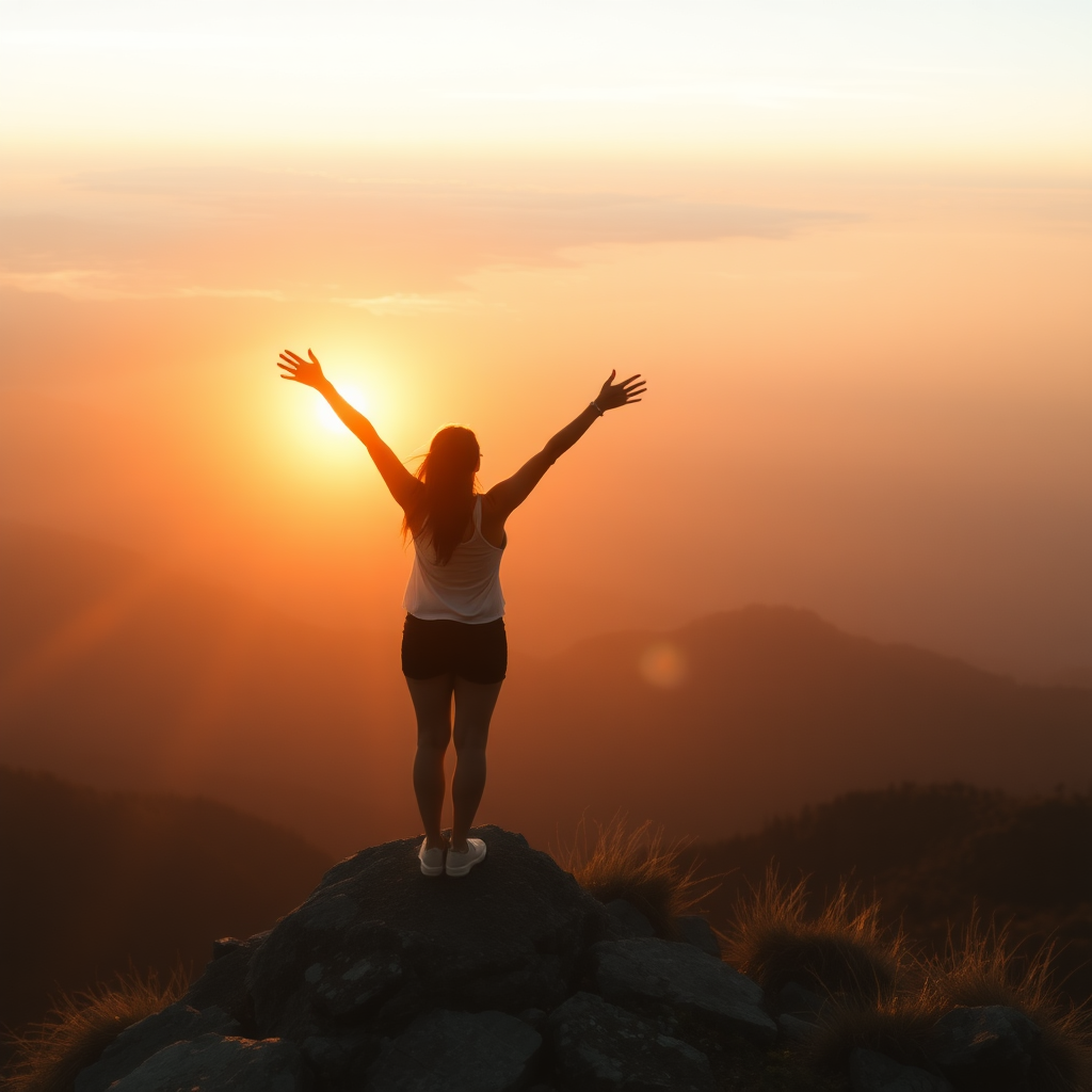 freedom. a woman standing on a moutain. rising sun in the background