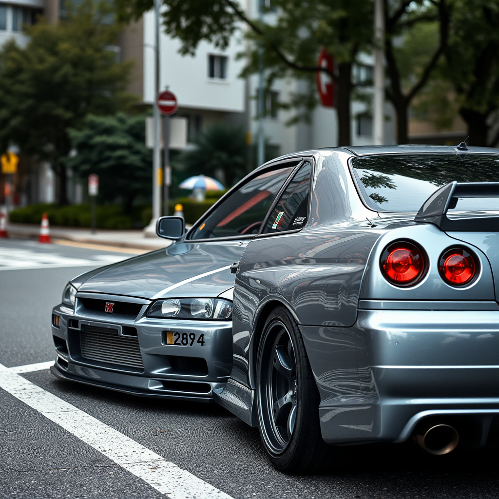 The car is parked on the side of the road, inspired by Taiyō Matsumoto, tumblr, restomod, nd4, c4 metallic shine gray black nissan skyline r34 kalabalik tokyo gece arkaplan en ayrıntılı genel detaylar