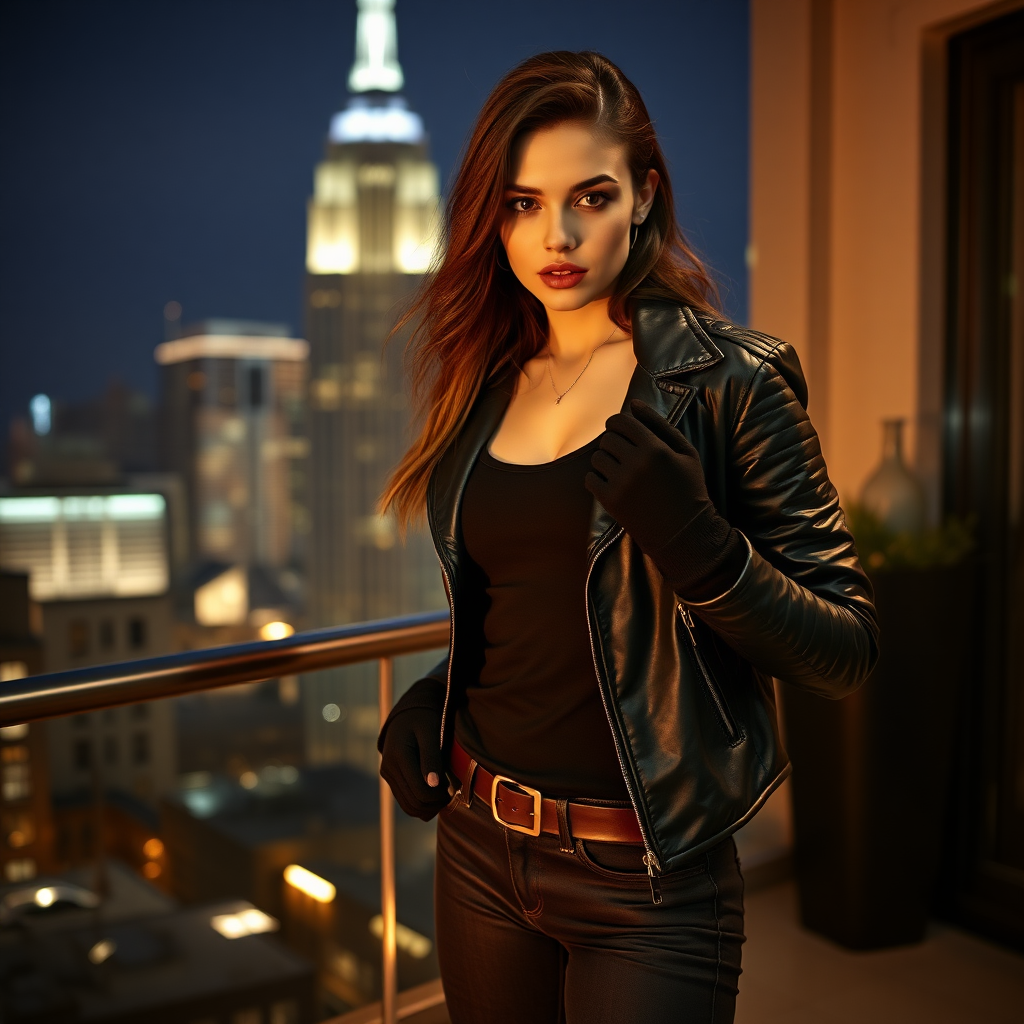 A beautiful and hot thief girl in a black leather jacket over black t-shirt with black jeans and gloves in a Manhattan penthouse at night.