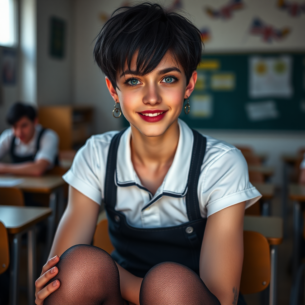 photorealistic, ultra high resolution, 16K, surreal fantasy, soft studio lighting, a pretty 16 year old goth male, slim male physique, short dark hair, blue eyes, goth makeup, earrings, sheer pantyhose, UK girls-school uniform, Mary-Jane shoes, sitting in the classroom, excited smile, facing the camera.