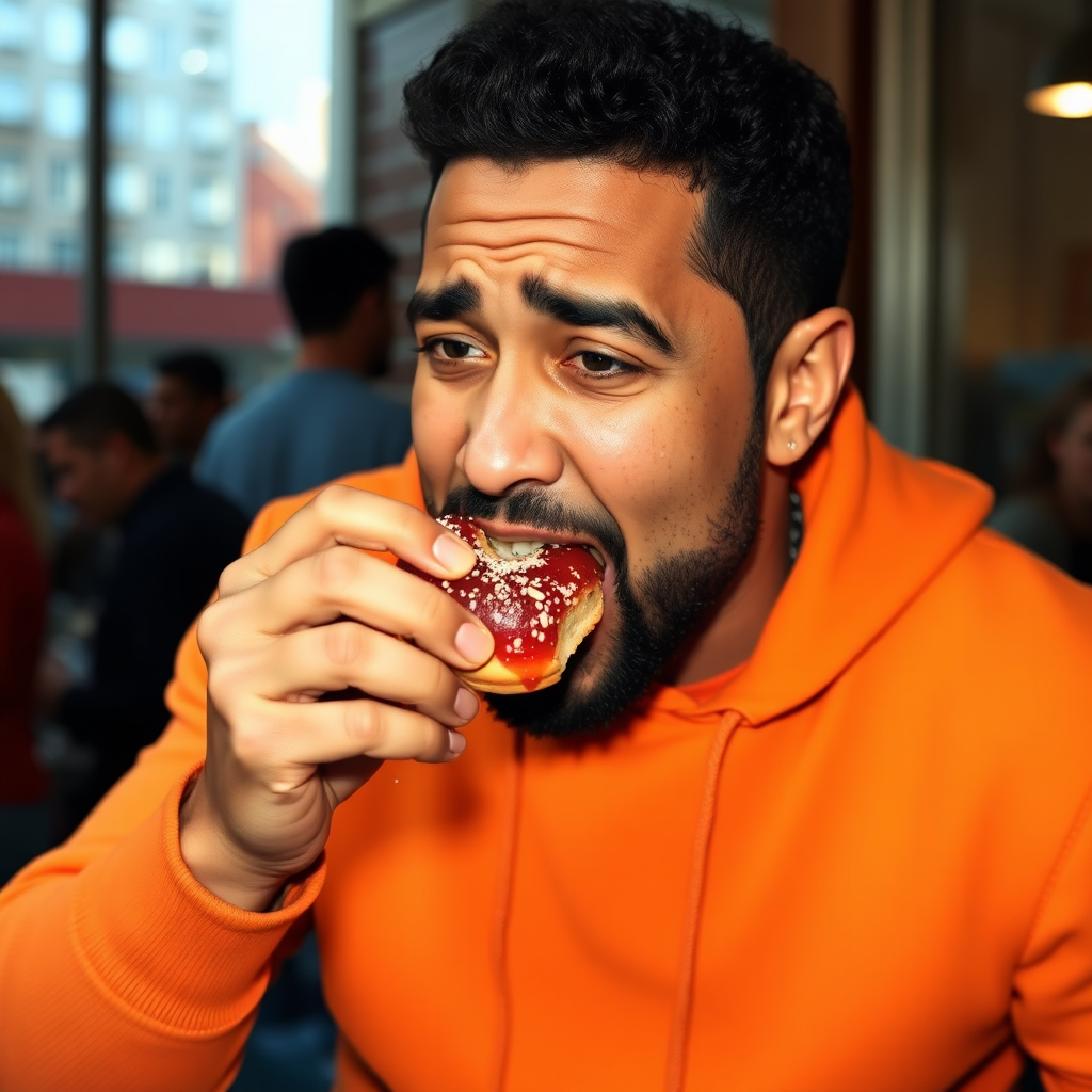 Sean Combs eating a messy jelly doughnut