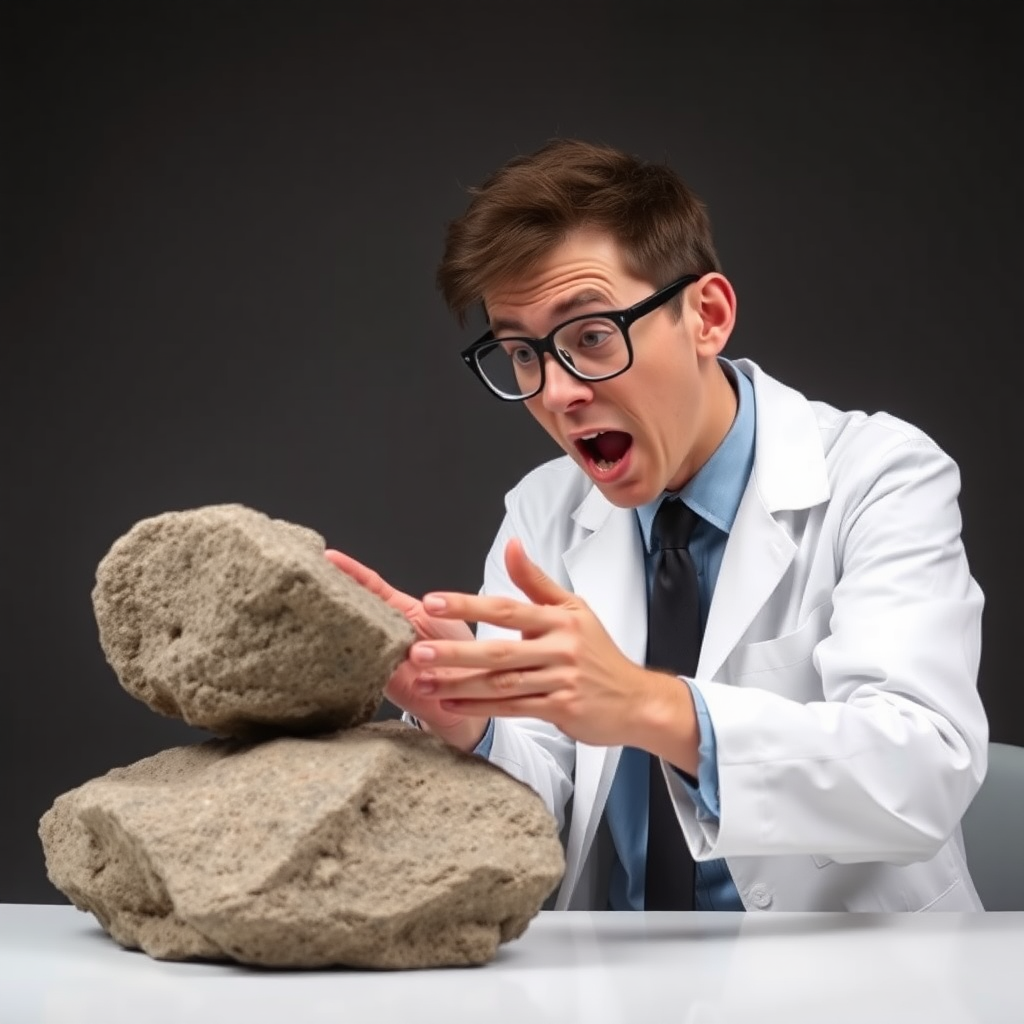 scientist looking a normal rock very curiously and overreacting, showing a lot of emotions