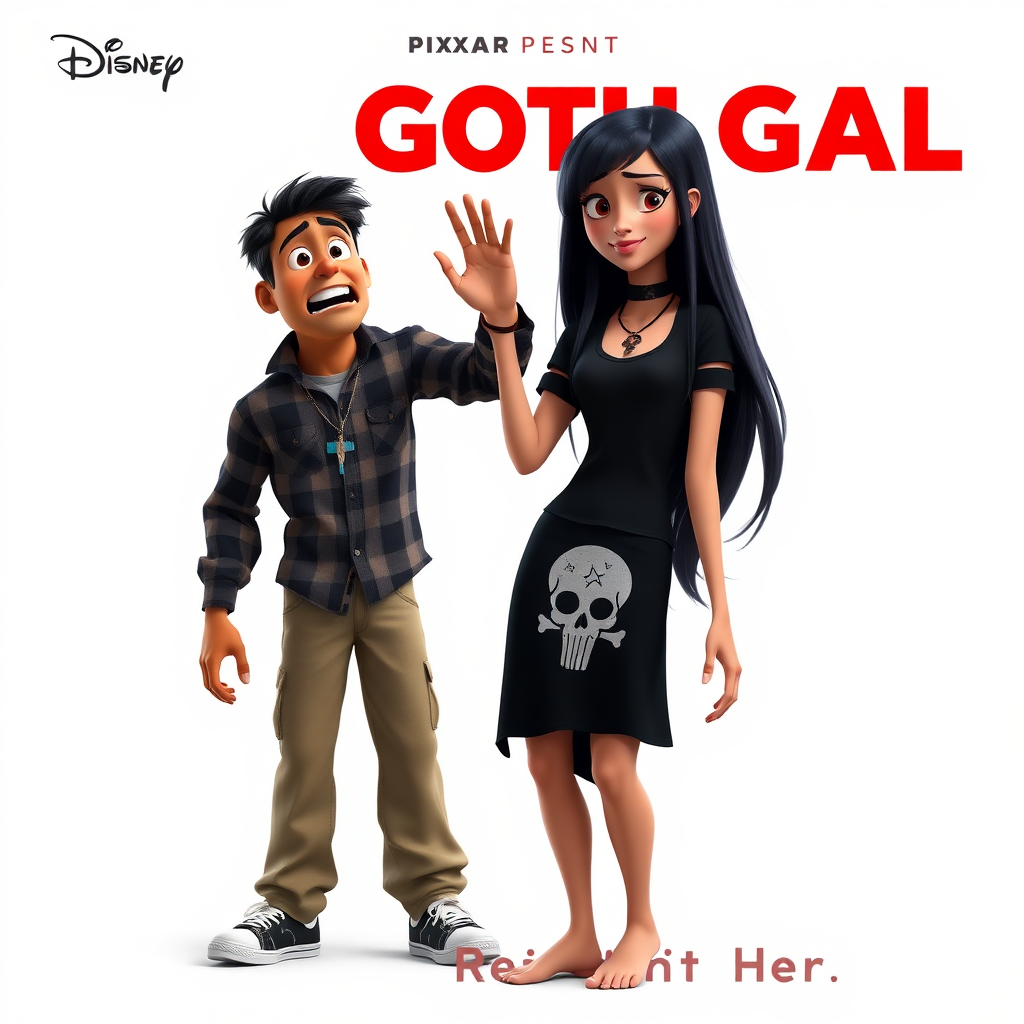 A Disney Pixar animation style 3-D poster titled "Disney Pixar Presents “Goth Gal”". There's a young tall, handsome, scared, and frightened South Asian male adult Christian wearing a cross around his neck, long khaki pants, and a plaid shirt and sneakers. He is being touched by a shorter, very attractive, fit-looking Gothic-style young adult woman of Northwestern European descent with long black hair. She is wearing a black t-shirt with a skull logo, a choker around her neck, and small black thong. She is barefoot. The background is white. The movie poster has the tagline "You couldn't resist her".