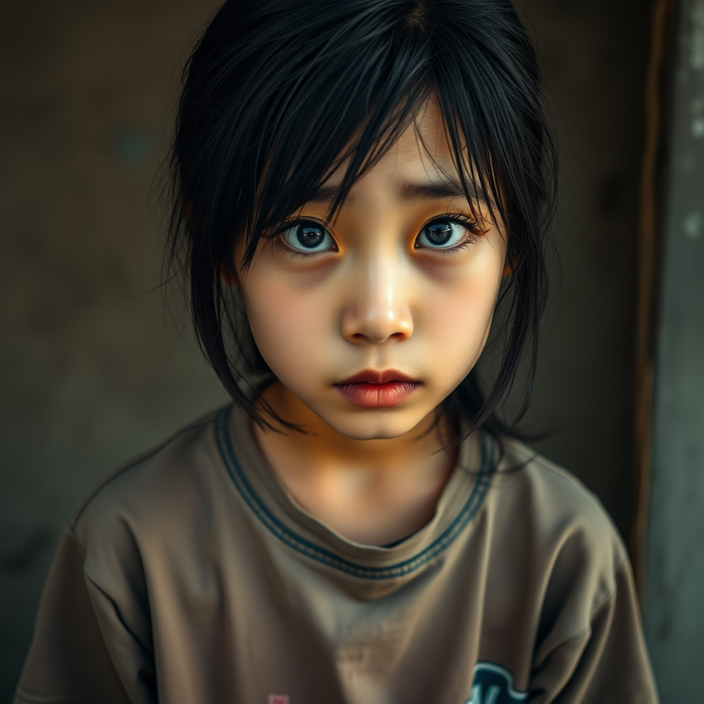 A homeless and sad and mysterious and surreal Asian girl in a very old, outwashed T-shirt, with black hair and black eyes, is looking without hope in her eyes and a little bit crying.