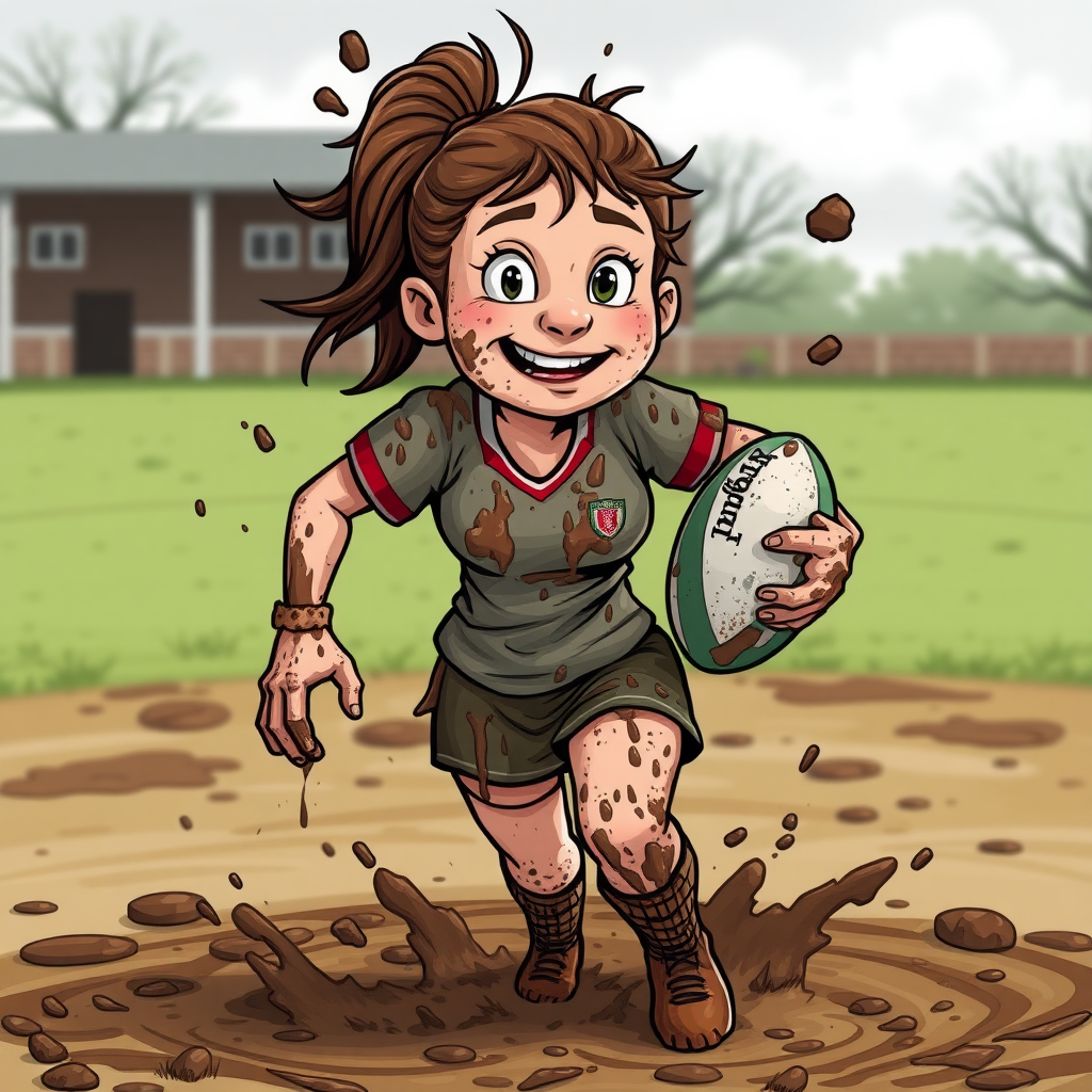 cartoon of very muddy woman rugby player, splattered and smeared head to toe with thick gooey mud, on a muddy school rugby pitch