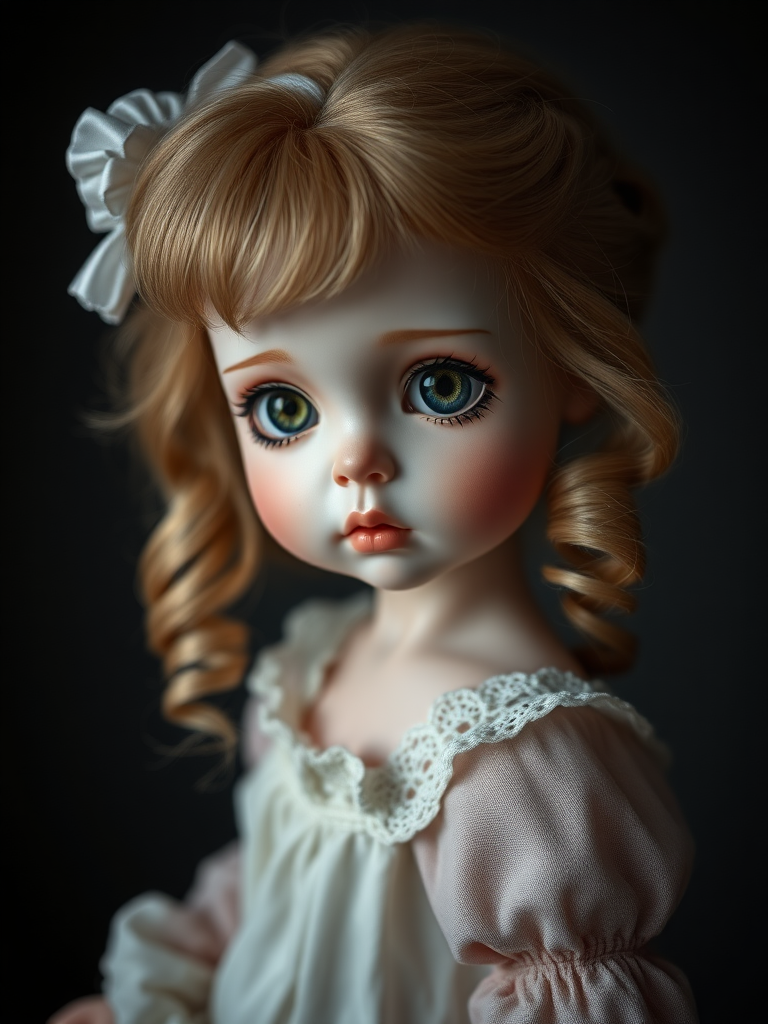 ooak art doll, artist doll, realistic doll, life-like porcelain doll, unique personality, stunning eyes, bisque doll, portrait photography, low key lighting, dept of field, studio photography, full body shot, posing