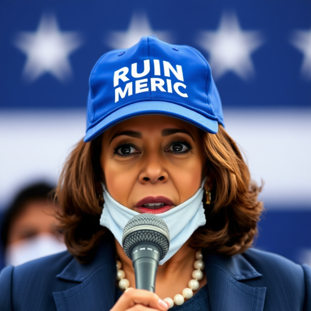 Kamala Harris wearing blue cap with white text "RUIN AMERICA"