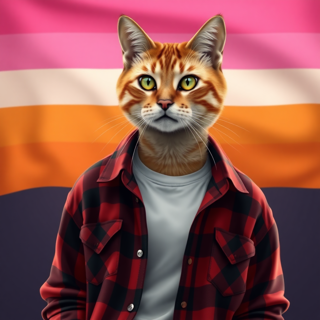 female cat-man in chestnut color with, behind, a flag in horizontal colors pink/light pink/white/light orange/orange, colors in that order, wearing an open red and black plaid shirt with a white t-shirt, in digital art