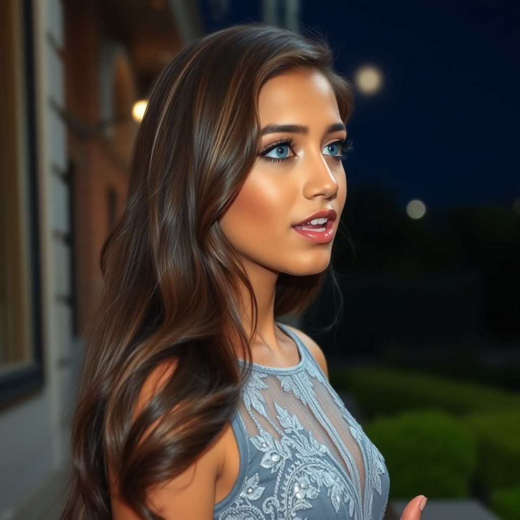 a young woman singing. long brunette hair with highlights, bright blue eyes. suntanned skin. small lips colored pale rose. looking to the side. wearing an elegant gray dress with transparent lace. view from far. night sky in background. photo