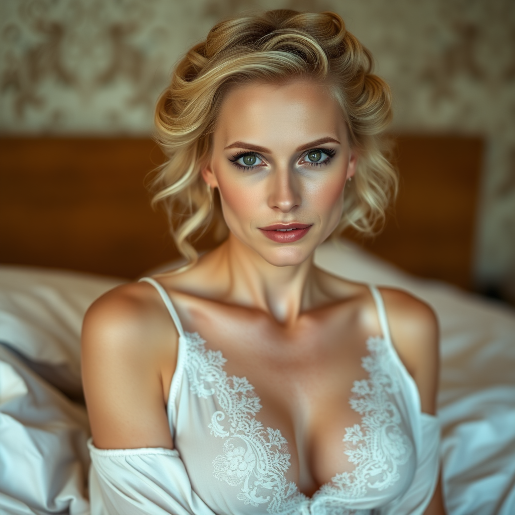 beautiful woman, 43 years old, no makeup, blond hair, hair rollers, chest freckles, lace silk open nightgown, lying in bed, looking directly into camera, bedroom