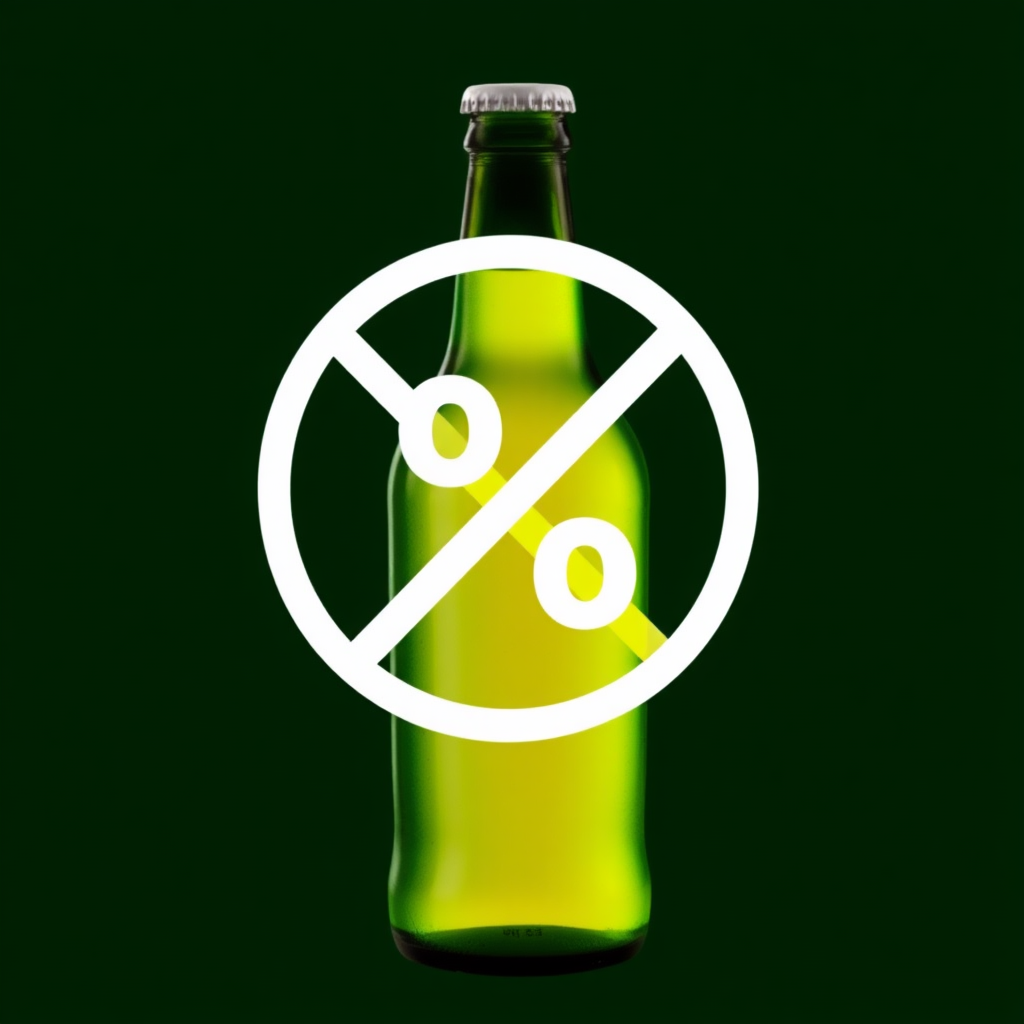 A photo of a beer bottle with a percent symbol crossed in a circle