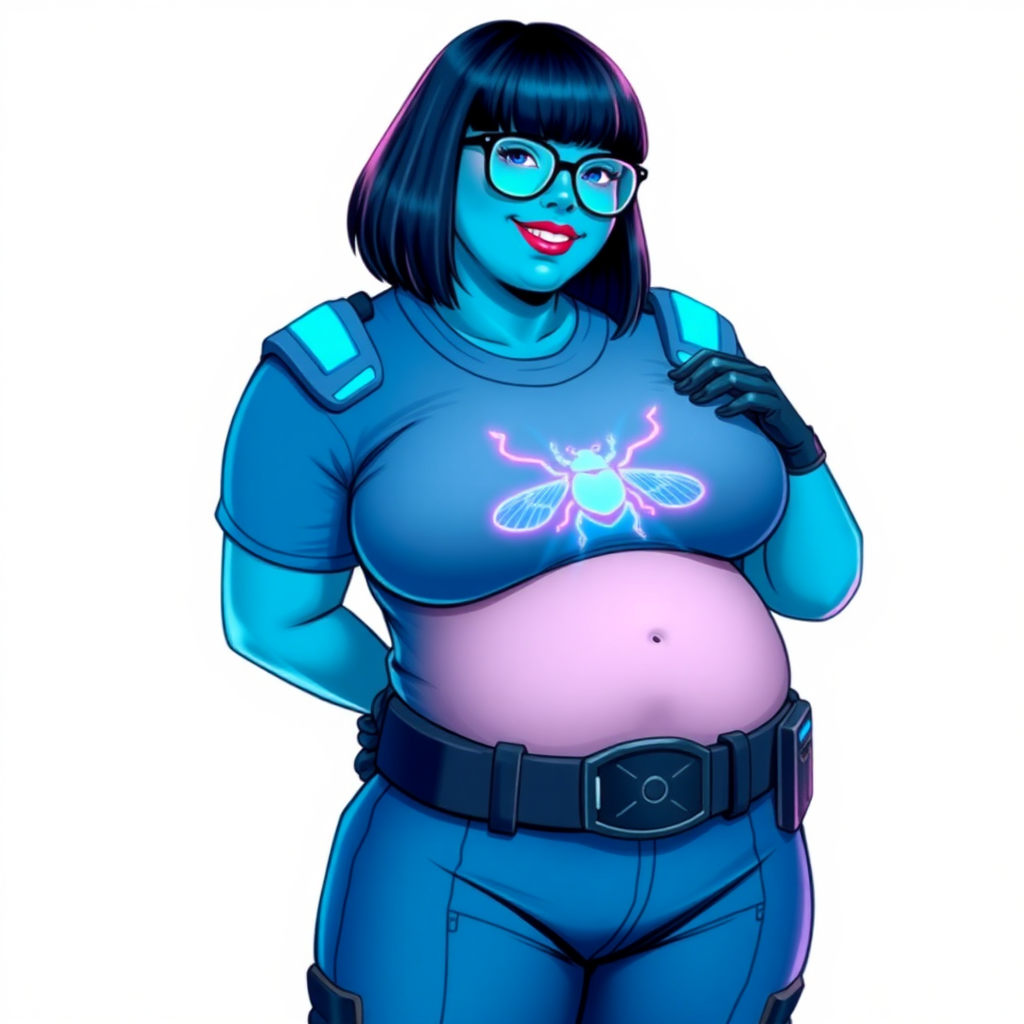 A 28-year-old, full-figured, Maximum turquoise skinned, computer program hybrid with a maximum blue bob cut. She has a non-athletic, full-figured build, highlighted by a prominent, round, large midsection (with heavy emphasis on her large belly). As the full-figured, nerdy, digital sidekick to her cyberpunk vigilante boyfriend, her glowing maximum turquoise skin and maximum blue lipstick emphasize her digital nature. She wears a digital, computerized costume inspired by DC’s Carrie Kelly Robin, consisting of a huge, tight-fitting, maximum blue t-shirt with a neon blue glowing beetle chest icon, hi-tech shoulder pads with neon blue glowing accents, a black hi-tech belt with a digital neon blue glowing buckle, digital maximum blue pants with neon blue accents, and black hi-tech gloves with neon blue glowing accents. Her bright blue eyes, black eyeglasses with neon blue glowing lenses with a built-in HUD, and shy smile with neon red blush accentuate her nerdiness. She stands bashfully with one hand behind her back and the other hand gently touching her cheek, her costume covering all her skin and emphasizing her full-figured physique (especially her belly). She is clearly non-athletic, with a heavy focus on her large belly. Despite her build, she radiates beauty. She has a slim face compared to her physique, accentuating her radiant beauty. She is on a solid white background. She is drawn as if she were in a retro 2D cyberpunk fighting game.