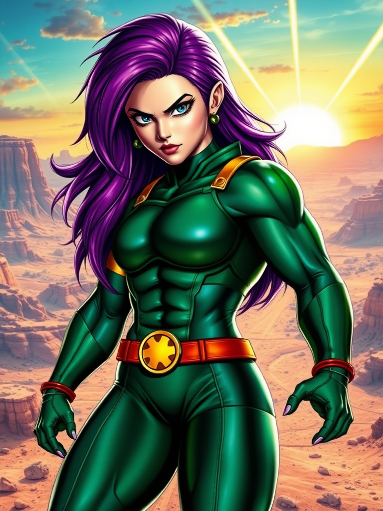 Generate a hyper-realistic image of the Marvel Comics character Rogue, retaining her original head. Modify her body to have the muscular physique of Vegeta from Dragon Ball, reflecting his anatomy while keeping Rogue's facial features and hair. Place her in a dynamic pose that showcases her powers. The background should merge elements from both the Marvel Universe and Dragon Ball, featuring a vibrant, action-packed setting that complements both characters, such as a deserted cityscape with energy blasts in the sky. Aim for a visually striking and detailed portrayal, capturing the essence of both characters.