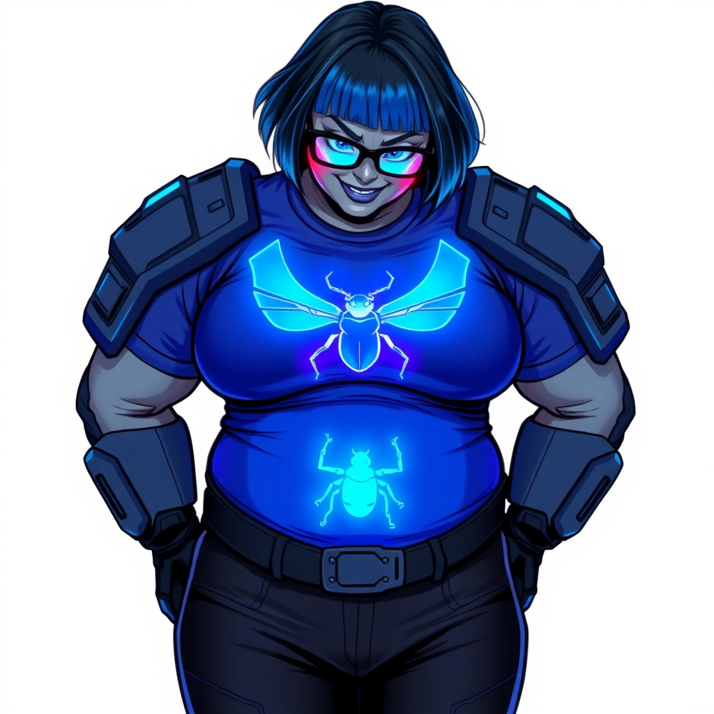 A 28-year-old, full-figured, metallic middle gray skinned cyberpunk computer program hybrid with a short maximum blue bob cut. She has a non-athletic build, highlighted by a prominent, round midsection (with a focus on her round belly). As a digital sidekick to her cyberpunk vigilante boyfriend, her middle gray metallic skin and maximum blue lipstick emphasize her digital nature. She wears a digital, computerized, costume consisting of a huge, tight-fitting, neon blue glowing armored, maximum blue t-shirt (accentuating her belly) with a neon blue glowing chest icon of a beetle, black pants, a black belt with a neon blue glowing digital beetle buckle, and black hi-tech gloves. Her bright blue eyes, black eyeglasses with lenses glowing bright neon blue, and shy smile with neon red blush accentuate her nerdiness. She bashfully bows her head (while still facing the screen) with her hands behind her back, her t-shirt covers her midsection (especially her belly) and emphasizes her full-figured, non-athletic physique. She is on a solid white background. She is drawn as if she was in a retro 2D cyberpunk fighting game. She is clearly non-athletic, with a focus on her full figure. Make sure her outfit covers all of her bare skin (especially her midsection).