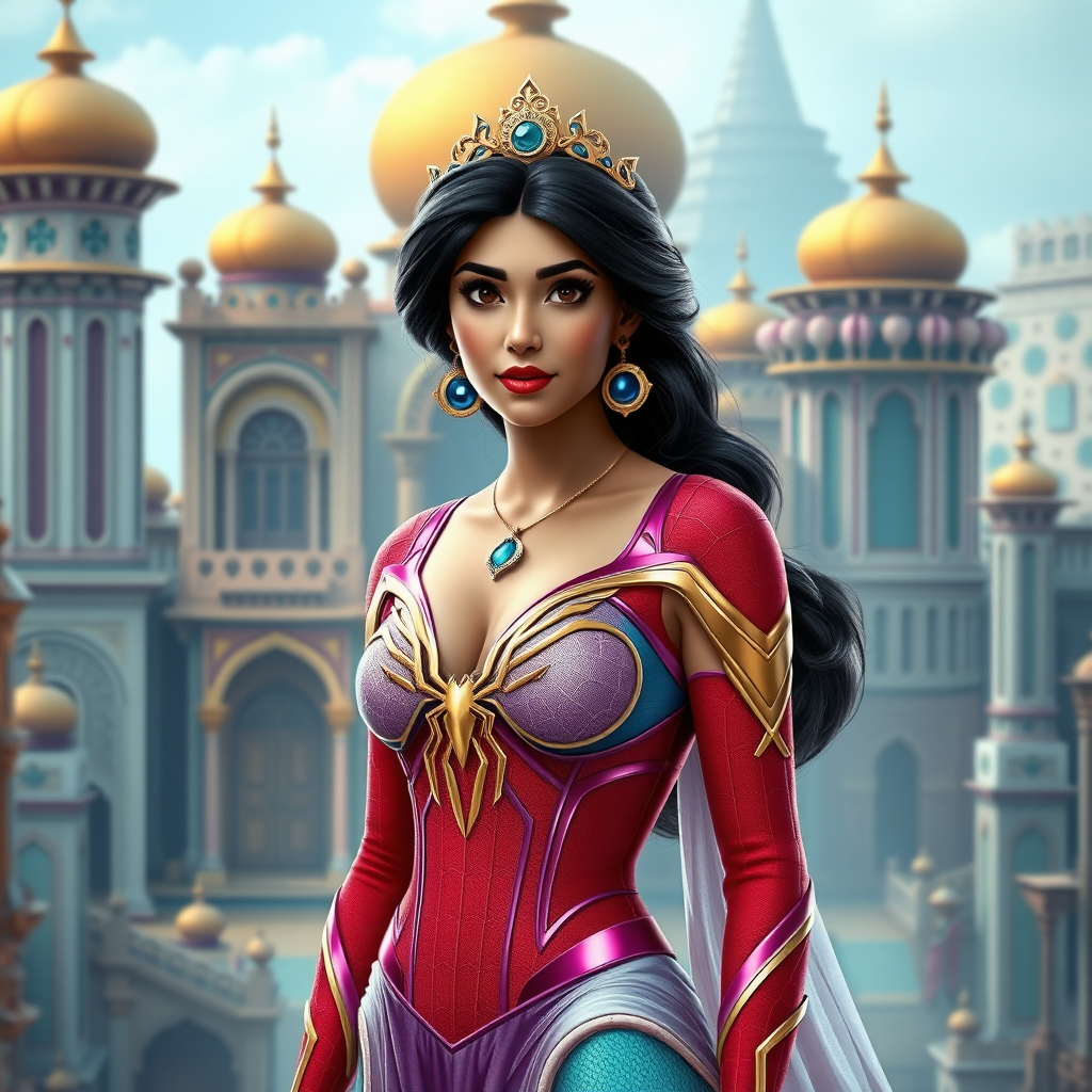 Create a full-length photorealistic render featuring Princess Jasmine embodied with the lean, muscular male figure of Spider-Man. Maintain her head and hairstyle as they are, while adapting her costume to fit the new body structure, merging traditional Jasmine elements with a superhero twist. Design the background to blend an Arabian palace and a modern cityscape, inspired by both Aladdin and Spider-Man's worlds, ensuring a seamless integration of colors, architecture, and style.