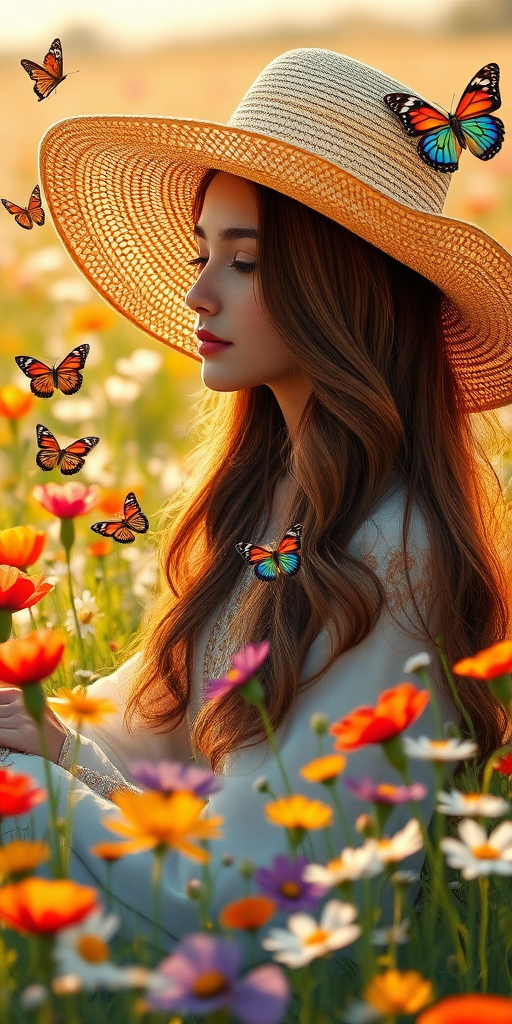 In the midst of a sun-drenched meadow, a young woman with long, cascading waves of chestnut hair sits serenely among a vibrant tapestry of wildflowers dancing in the gentle breeze. She dons an oversized, wide-brimmed hat adorned with delicate embroidery, casting soft shadows that play across her face, enhancing the mystery of her tranquil expression. Surrounding her, a symphony of colors bursts forth as tulips, daisies, and poppies sway rhythmically, their petals glimmering like jewels in the sunlight.

As she gazes dreamily at the endless expanse of blossoms, butterflies flit about in a whimsical ballet, their delicate wings painted in bold strokes of orange, blue, and black—all vying for her attention. The sweet, intoxicating fragrance of the flowers mingles with the warm afternoon air, evoking a sense of peace and freedom. 

Rendered in the enchanting style of Pino Daeni’s academic art and infused with the soft nuances of Australian tonalism, this 8k resolution concept art piece envelops viewers in a dreamy atmosphere. The gouache technique mimics the fluidity of watercolor, transforming the scene into a museum-quality epic, where thick brush strokes create palpable texture on the canvas. Each layer of impasto gouache captures the essence of nature's beauty, showcasing an impressionist maximalist masterpiece filled with warmth and vibrancy. The glowing palette of sunset hues radiates through the carefully applied layers, inviting viewers to immerse themselves in this enchanting moment suspended in time.