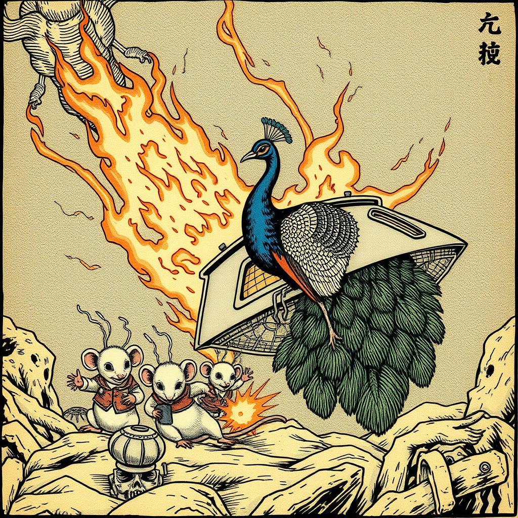 A peacock saving well-dressed rats from a burning spaceship, Chinese woodcut.