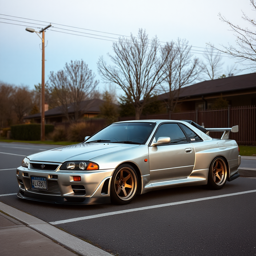 the car is parked on the side of the road, inspired by Taiyō Matsumoto, tumblr, restomod, nd4, c4 metallic shine nissan skyline r34