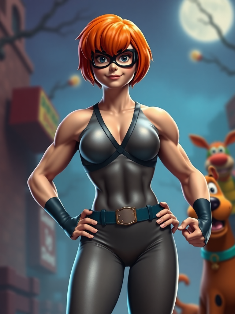 Create a full-length hyper-realistic render of Velma Dinkley reimagined as a muscular male character, featuring a chiseled superhero build. Focus on defined muscles and a V-shaped torso, maintaining Velma's head and costume intact while adjusting the silhouette for a masculine appearance. Position the character in a dynamic pose. Include a background that complements the character's playful and adventurous nature, perhaps a mystery-themed setting or a Scooby-Doo-inspired scene. Aim for vibrant colors and detailed textures to enhance realism and visual impact.